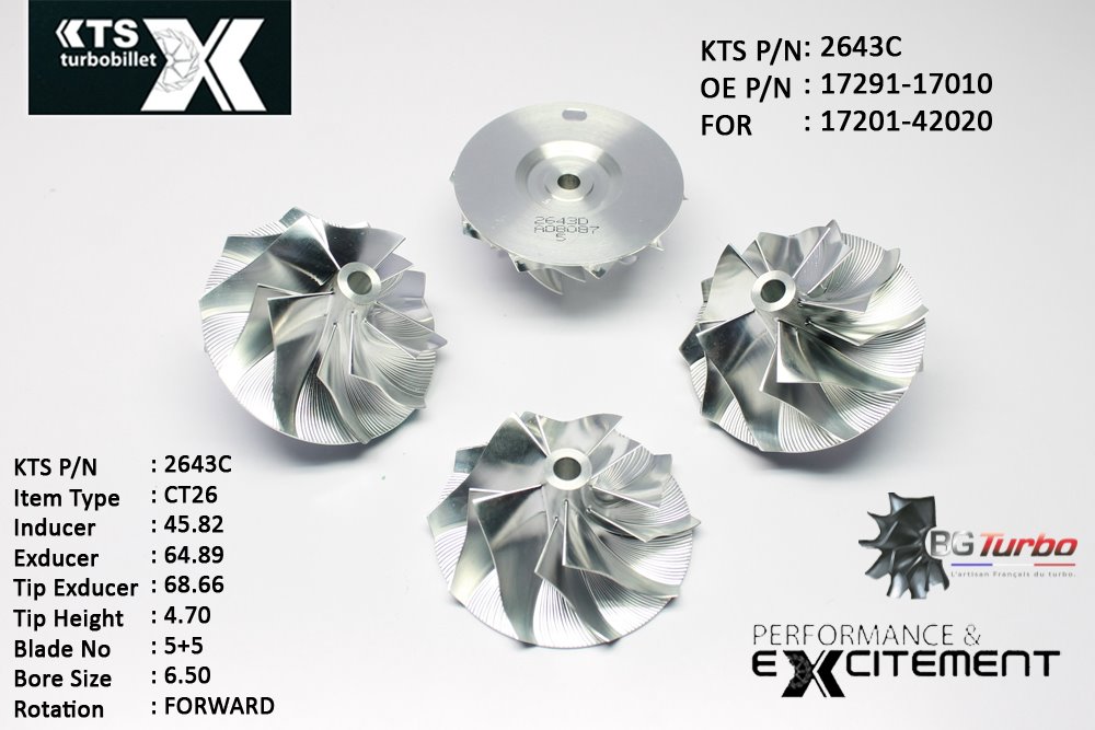 Turbo ROUE FORGÉE MFS PERFORMANCE - 5+5 PALES - INDUCER : 45,82 - EXDUCER : 64,89 - TYPE : CT26ANGLE : 45° - ROTATION : Forward - SUPER BACK : -1,37 - BORE SIZE : 6,5
